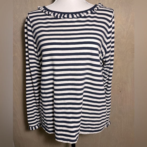 Boden Ruffle Cuff & Collar Long Sleeve Breton Tee L - Picture 1 of 9